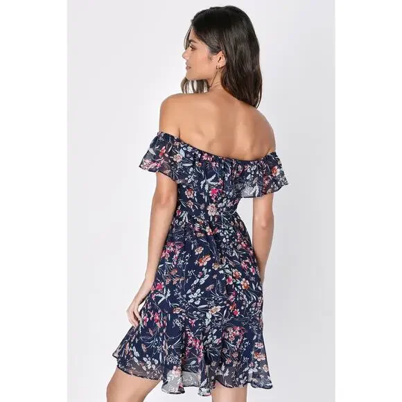 Lulus My Favorite Navy Blue Floral Print Off-the-Shoulder Dress - Large - Picture 2 of 5